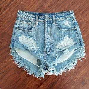 High Rise Denim Destroyes Shorts